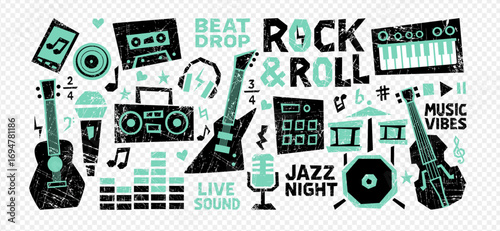 Crayon music sticker set merges rock guitar, hand drawn doodle icons and cassette graphics. Crayon music layout works for retro label, notebook cover, festival poster and abstract street art banner.