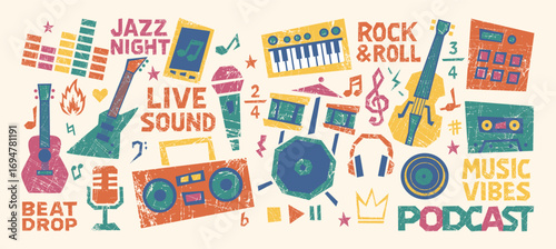 Crayon music sticker design mixes rock doodle art, hand drawn icons and sketch instruments. Crayon music composition fits vintage poster, t-shirt print, concert flyer, street banner and retro wallpape