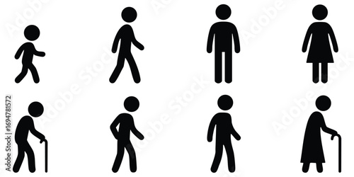 Stickman silhouette collection showing male and female life stages from childhood, youth, adulthood to elderly with cane support