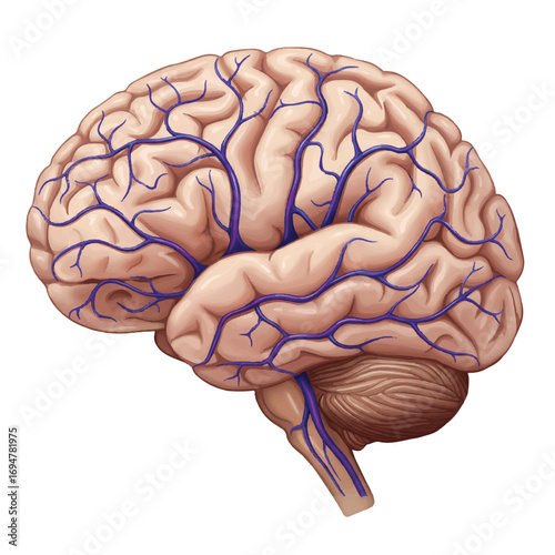 A realistic 2D vector illustration meticulously showcases a detailed human brain, clearly depicting intricate veins on a pristine white background, perfect for medical and scientific contexts.