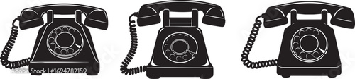 Retro Telephone Icons – Black Silhouette, Vintage Landline Phone, Classic Communication Device Symbol
