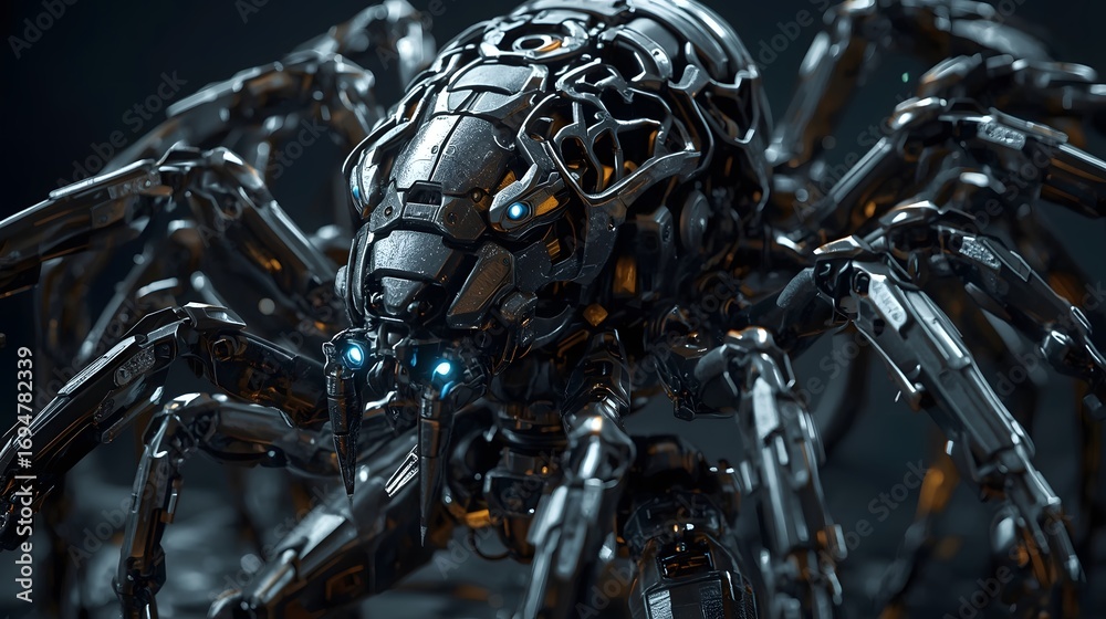 Fototapeta premium A captivating close-up of a futuristic robotic spider with an aggressive, low stance, featuring a complex metallic body and glowing blue lights