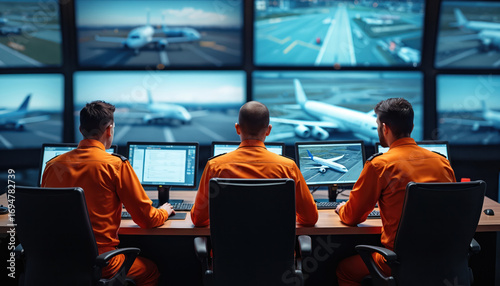 Air traffic controllers in orange uniforms monitor multiple screens showing airplanes, airport runways. Work in modern control center, coordinating flight operations with advanced technology,