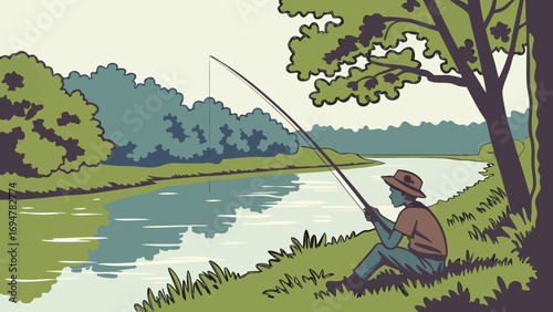 Young Boy Fishing on River Bank with Rod – Vector Illustration of Peaceful Nature Life and Outdoor Relaxation