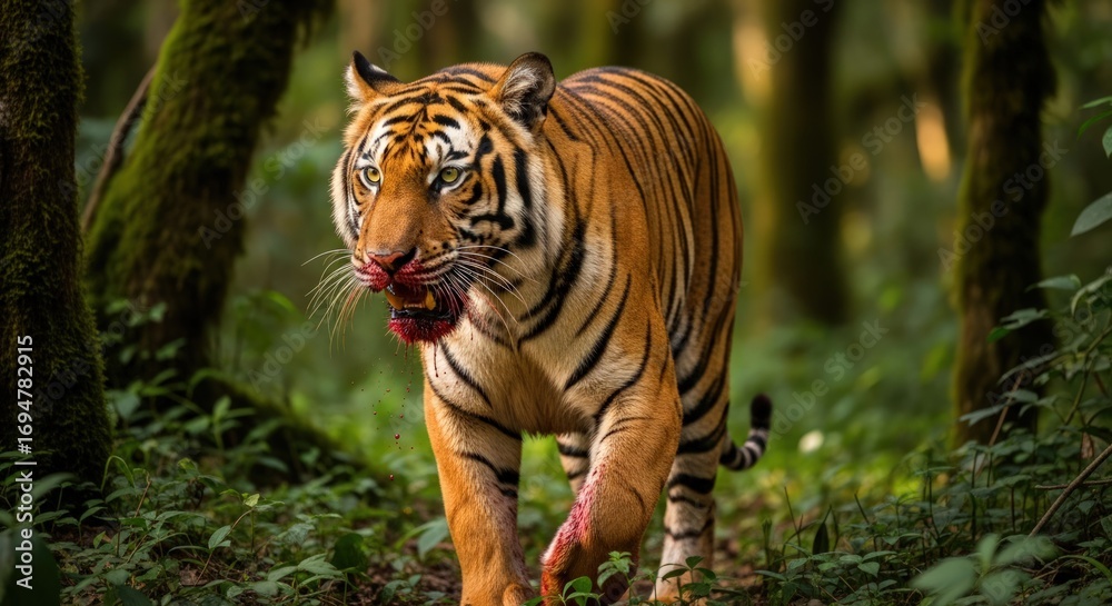 Obraz premium A majestic tiger with a bloody mouth walks through a lush green forest, showcasing its powerful presence in the wild.