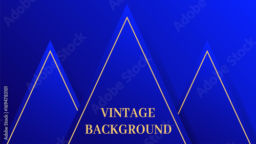 Abstract blue background with three 3D triangular shapes, soft shadows, and golden lines. Elegant geometric composition with depth and contrast.