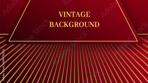 Vintage gradient background in burgundy tones with golden rays and truncated triangle shape. Elegant decorative design for banners, covers, and invitations.