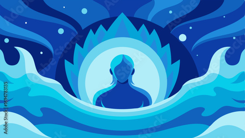 Cold Water Immersion An abstract representation of a person submerged in cold water with vibrant waves and ice crystals swirling around highlighting the immersive experience.
