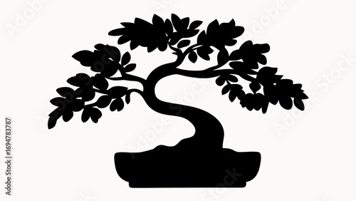 Silhouette of a bonsai tree with a curved trunk and dense foliage in a decorative pot on white background