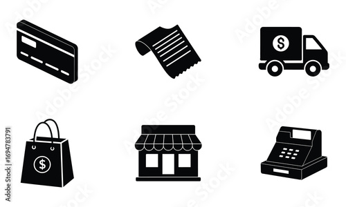 Ecommerce shopping icon set with credit card, receipt, delivery truck, shopping bag, storefront and cash register, black silhouette vector on white background