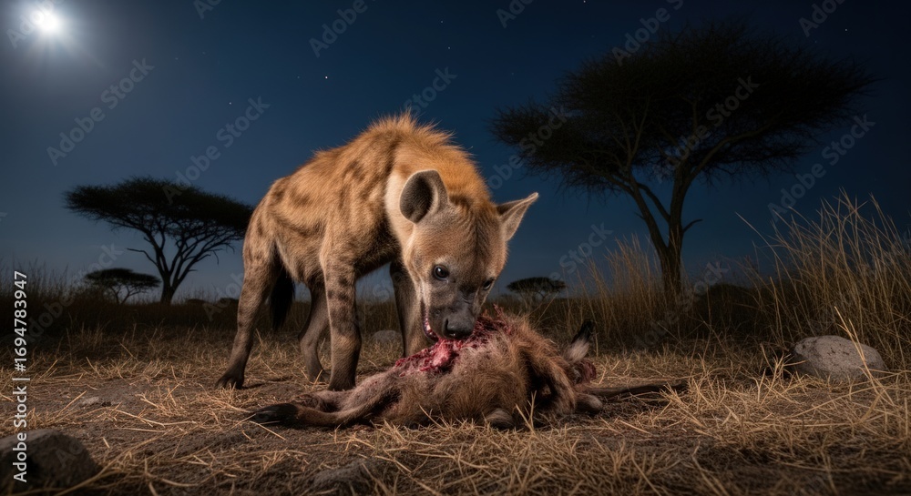 Fototapeta premium Spotted hyena devouring prey under the moonlight in the African savanna.