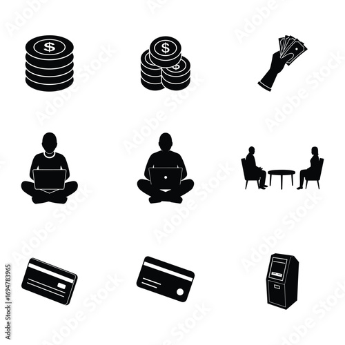 Money Finance Icons Coins Cash Credit Cards ATM Banking Business Transactions