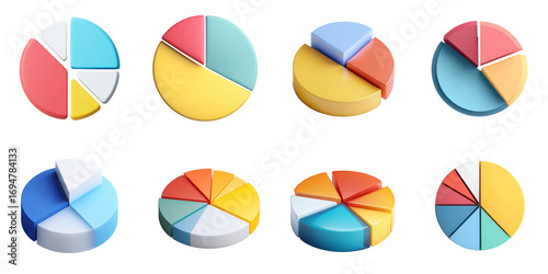 3D pie chart transparent in png no background for financial decoration.
