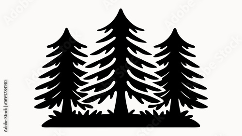 Three evergreen trees in silhouette with grass at the base in a simple black and white design style