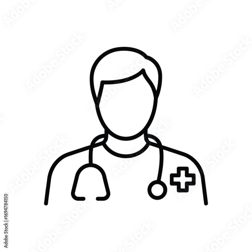 Simple line art icon of a doctor with stethoscope and medical cross