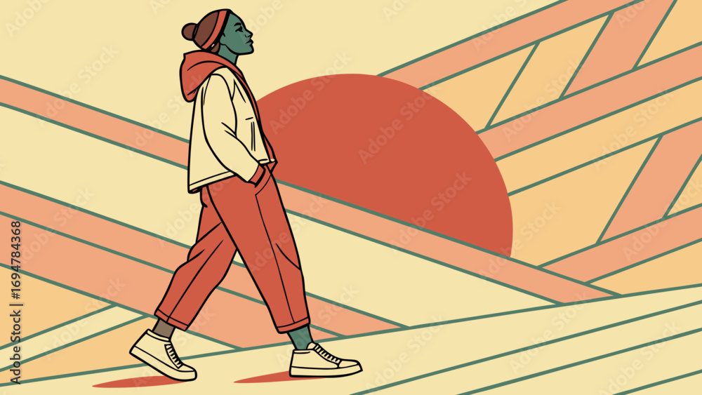 Obraz premium Woman in casual clothes walking with a sunset and geometric background in retro style illustration