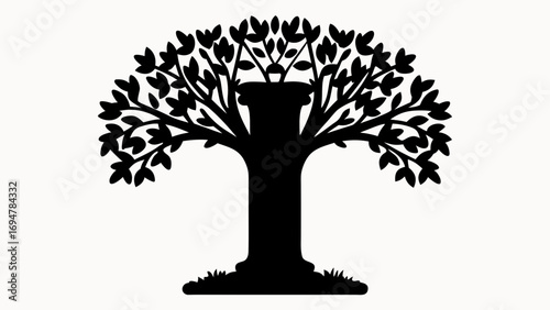Silhouette of a tree with a thick trunk and many leaves against a white background in a simple design
