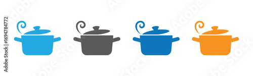 Four Colorful Cooking Pot Icons Representing Various Dishes