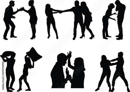 Conflict silhouettes, emotional struggle, arguing people, relationship tension, black icons, confrontation, distress, human figures, fight, disagreement, drama