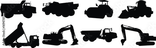 Construction vehicle silhouettes, heavy machinery collection, black icons, industrial equipment, building tools, isolated on white background
