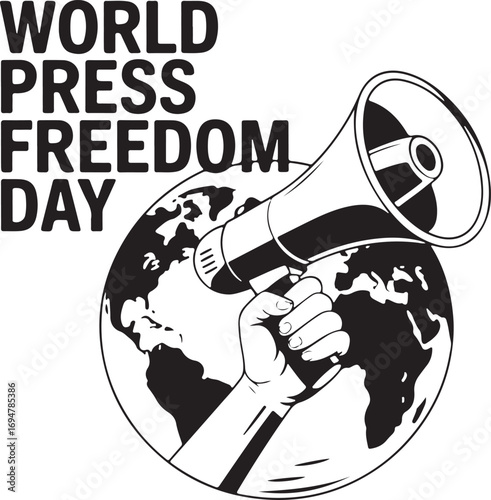 World Press Freedom Day bold graphic illustration with megaphone and globe hand holding megaphone