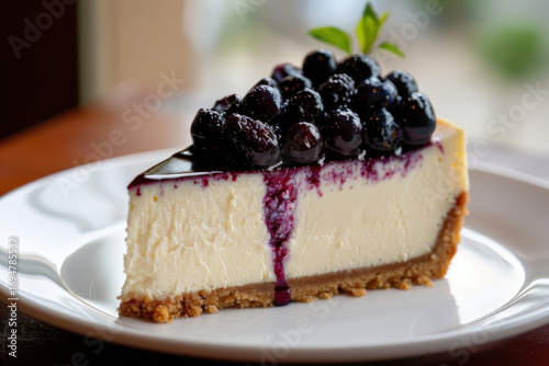 Wallpaper Mural A delicious slice of creamy cheesecake topped with blueberry sauce on a white plate, perfect for dessert lovers. Torontodigital.ca