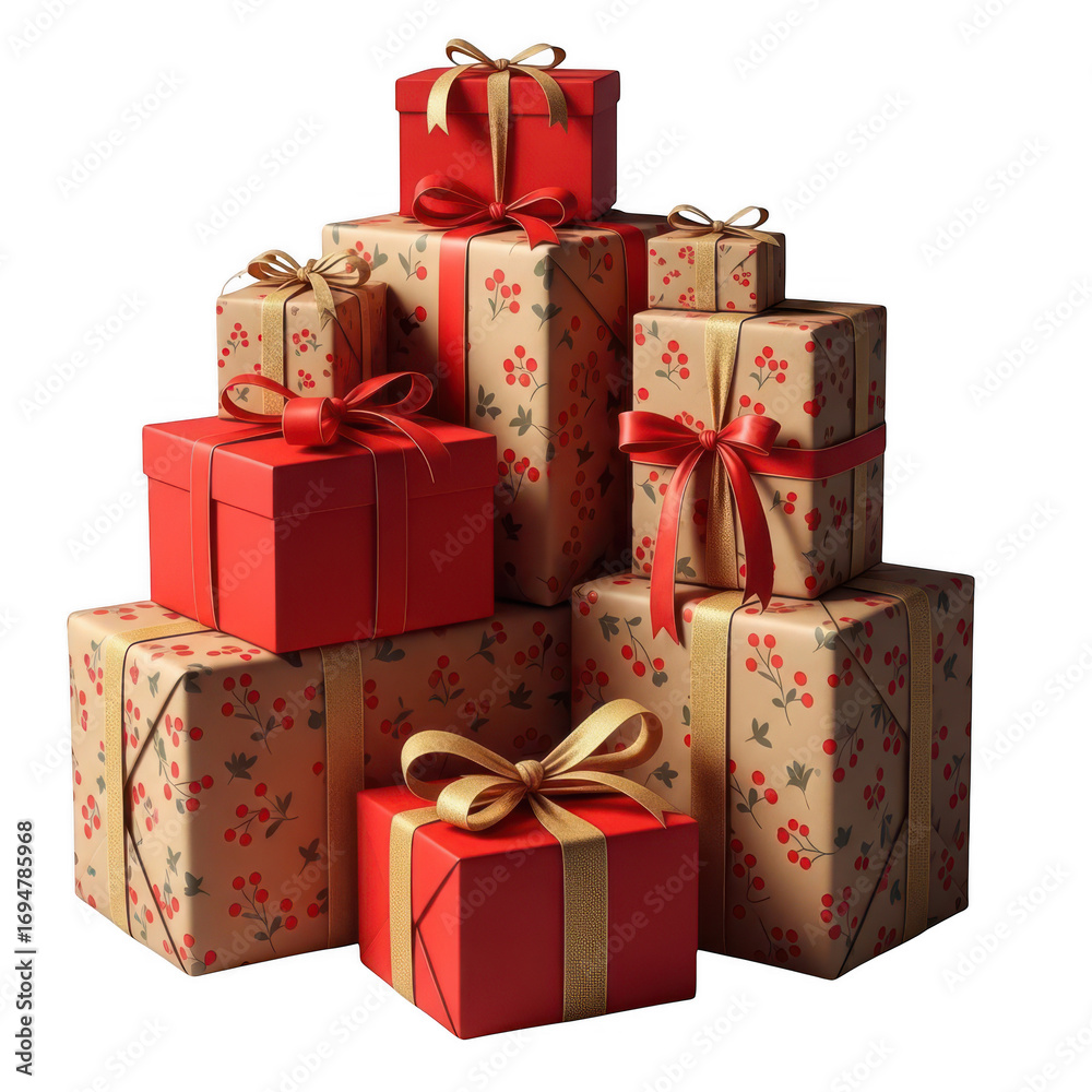 Obraz premium Stack of christmas gifts isolated on transparent background