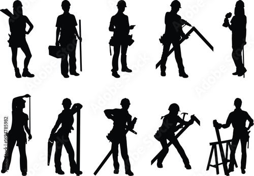 Construction worker silhouette, carpenter icon, tradesperson pose, tool belt figure, labor scene, black vector, building, repair, job site
