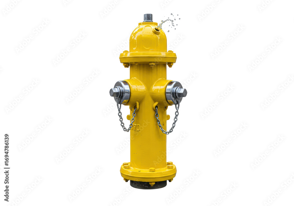 Fototapeta premium Isolated bright yellow fire hydrant spewing water, with metallic parts and bolted base on a road