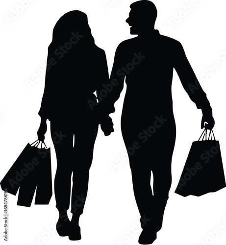 Couple walking silhouette, holding hands, shopping bags, leisure activity, black vector icon, consumer lifestyle, retail outing illustration