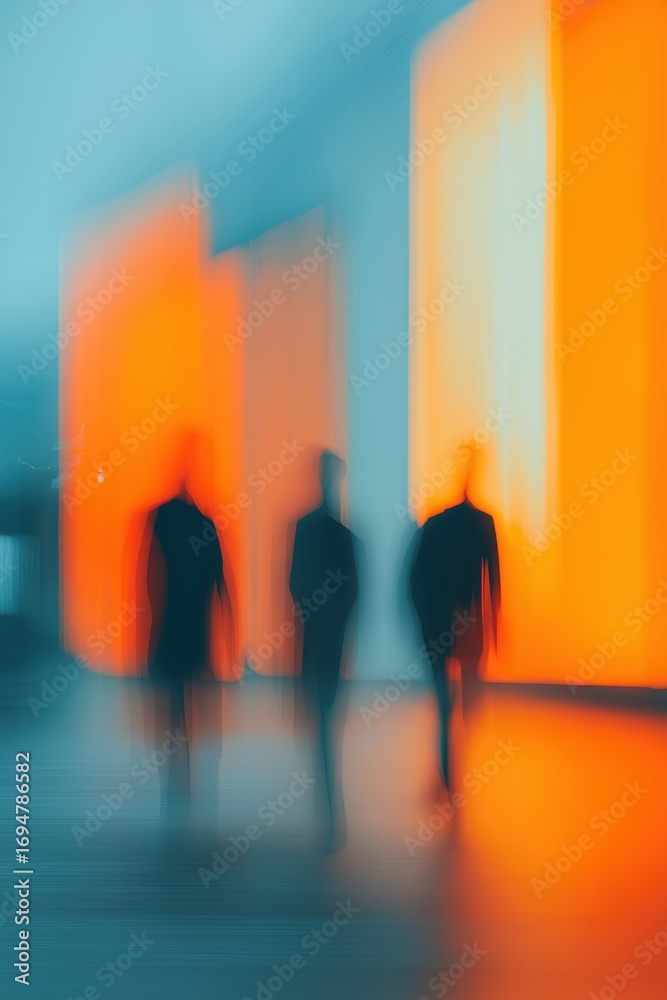 Fototapeta premium Blurry silhouettes of people walking in night-lit atrium, glowing panels, light trails, immersive atmosphere