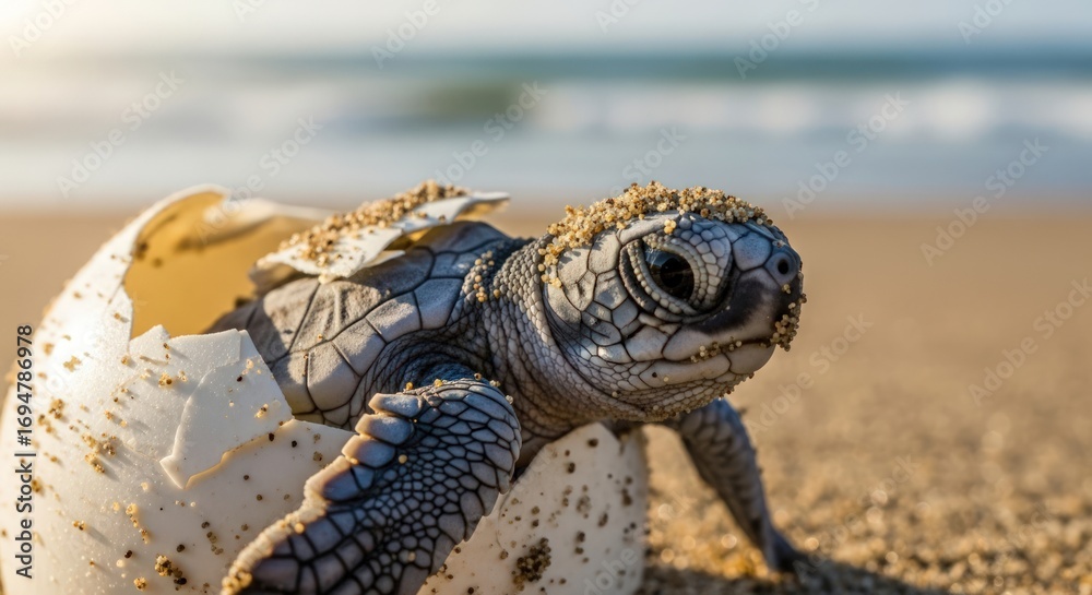 Obraz premium A baby sea turtle emerges from its eggshell on a sandy beach, ready to begin its journey to the ocean.