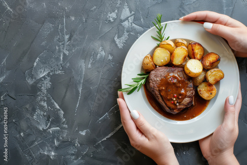 Top view of hands holding a plate with steak, roasted potatoes, and rosemary, garnished with rich brown sauce.