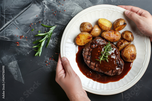 Top view of hands holding a plate with steak, roasted potatoes, and rosemary, garnished with rich brown sauce.