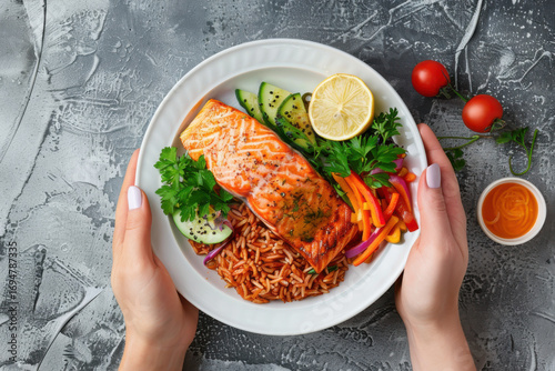 Top view of hands holding a plate with grilled salmon, rice, lemon slices, and herbs on a dark background.