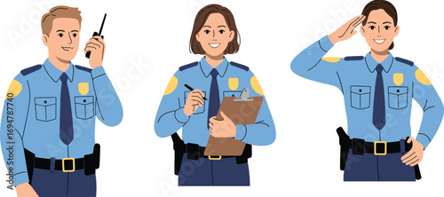 Cartoon Police Officers in Uniform Using Radio, Writing Report, and Saluting — Vector Illustration for Law Enforcement Concepts