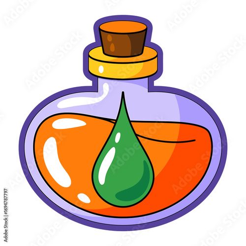 Cartoon Potion Bottle with Orange Liquid and Green Drop Fantasy Illustration for Magical Game and Design Projects
