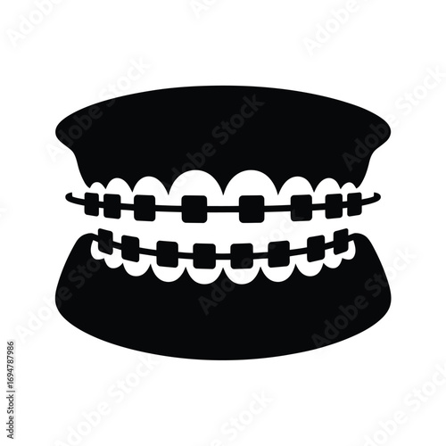 Black silhouette of teeth with braces on white background