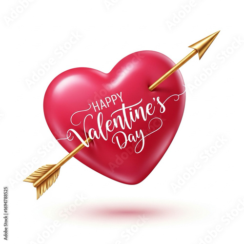 Love arrow through pink heart with “Happy Valentine’s Day” text on a white background.