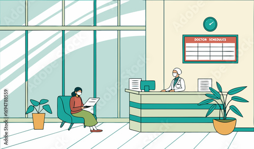 A bright and modern hospital reception with a large counter, a receptionist in uniform helping patients, and a digital display board showing doctor schedules. The floor is shiny marble, potted plants 