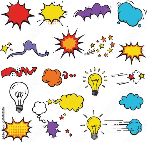 "Colorful Comic Style Speech Bubbles, Explosions, and Light Bulbs"