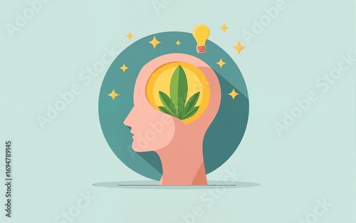 Mental health Modern vector logo. World health day, Flat human head icon with lamp and leaf inside. Template for the design of a logo, flyer or presentation. Vector illustration. High quality