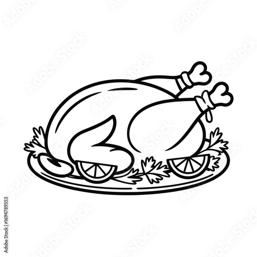 Simple line drawing of a roasted chicken on a platter