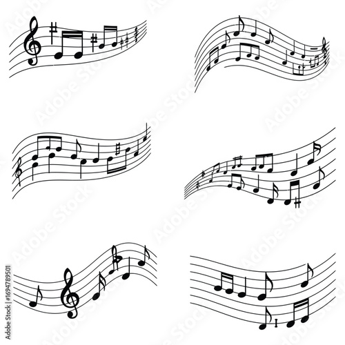 "Collection of Curved Musical Staffs with Notes and Treble Clefs"