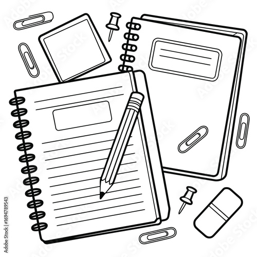 School supplies doodle art with notebooks pencil eraser and paperclips