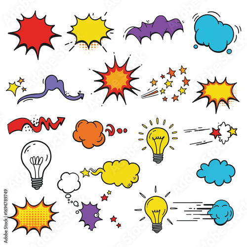 "Colorful Comic Style Speech Bubbles, Explosions, and Light Bulbs"