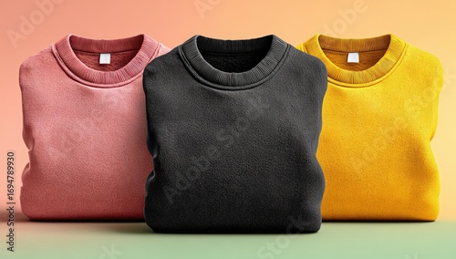 Three folded sweatshirts in blush pink, black, and mustard yellow displayed against a gradient peach and mint background