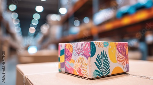 Closeup of custom printed corrugated packaging with vibrant designs main box in crisp focus against a softly blurred warehouse background emphasizing personalization options.