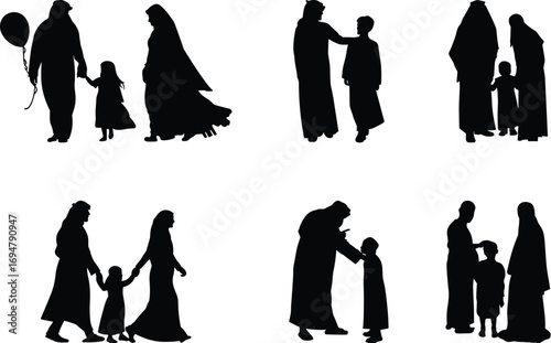 Family silhouettes, parent-child interaction, walking together, emotional bond, caring gesture, everyday life, companionship, love, parenting, relationship moments