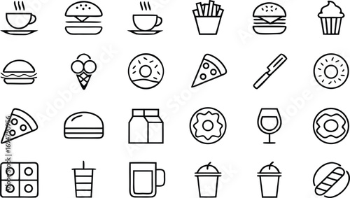 Modern Minimalist Food and Drink Line Icons:  Fast Food, Sweets, and Beverages Set